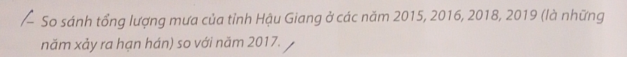 So sánh tổng lượng mưa của tỉnh Hậu Giang ở các năm 2015, 2016, 2018, 2019 (là những 
năm xảy ra hạn hán) so với năm 2017.