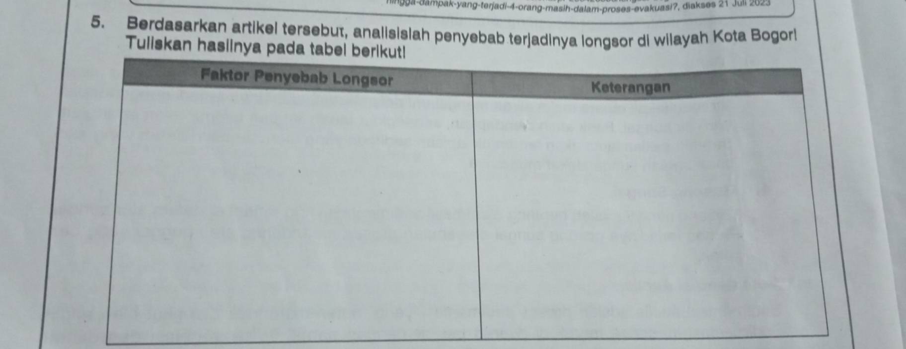 rga-dampak-yang-terjadi- 4 -orang-masih-dalam-proses-evakuasi?, diakses 21 Juli 2023 
5. Berdasarkan artikel tersebut, analisislah penyebab terjadinya longsor di wilayah Kota Bogorl 
Tuliska