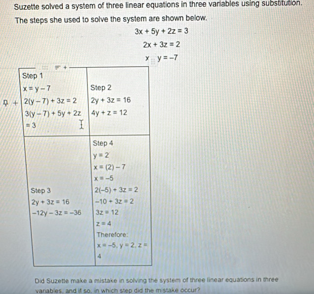 Suzette solved a system of three linear equations in three variables using substitution.
The steps she used to solve the system are shown below.
3x+5y+2z=3
2x+3z=2
xy=-7
eta +|
Did Suzette make a mistake in solving the system of three linear equations in three
varables, and if so, in which step did the mistake occur?