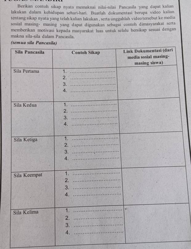 Berikan contoh sikap nyata memaknai nilai-nilai Pancasila yang dapat kalian 
lakukan dalam kehidupan sehari-hari. Buatlah dokumentasi berupa video kalian 
tentang sikap nyata yang telah kalian lakukan , serta unggahlah video tersebut ke media 
sosial masing- masing yang dapat digunakan sebagai contoh dimasyarakat serta 
memberikan motivasi kepada masyarakat luas untuk selalu bersikap sesuai dengan 
makna sila-sila dalam Pancasila.