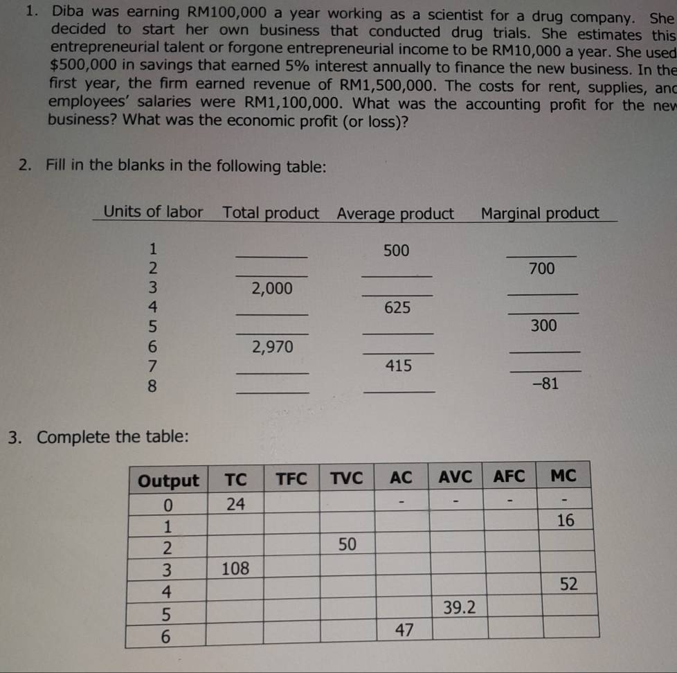 Diba was earning RM100,000 a year working as a scientist for a drug company. She 
decided to start her own business that conducted drug trials. She estimates this 
entrepreneurial talent or forgone entrepreneurial income to be RM10,000 a year. She used
$500,000 in savings that earned 5% interest annually to finance the new business. In the 
first year, the firm earned revenue of RM1,500,000. The costs for rent, supplies, and 
employees' salaries were RM1,100,000. What was the accounting profit for the nev 
business? What was the economic profit (or loss)? 
2. Fill in the blanks in the following table: 
3. Complete the table: