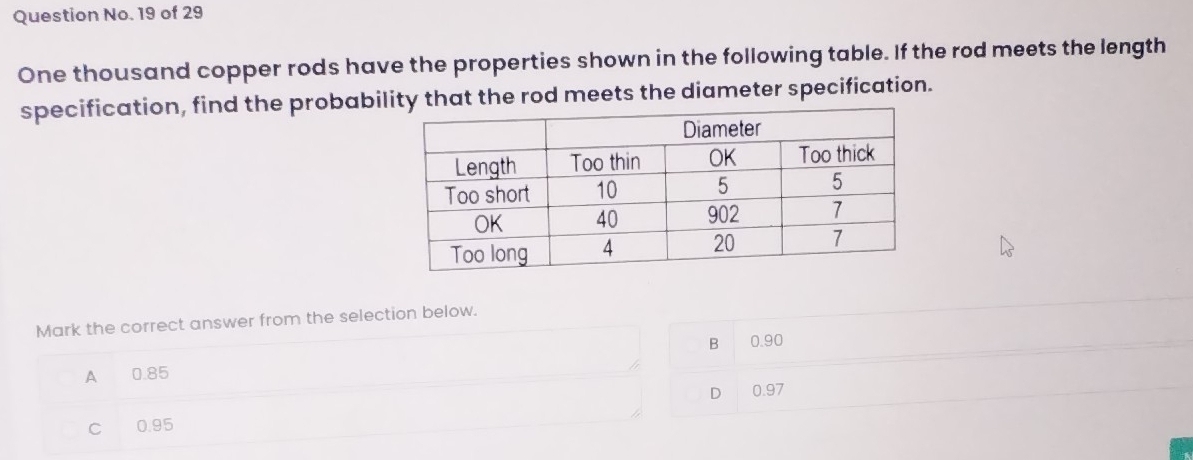 Question No. 19 of 29
One thousand copper rods have the properties shown in the following table. If the rod meets the length
specification, find the probabil the rod meets the diameter specification.
Mark the correct answer from the selection below.
B 0.90
A 0.85
C 0.95 D 0.97