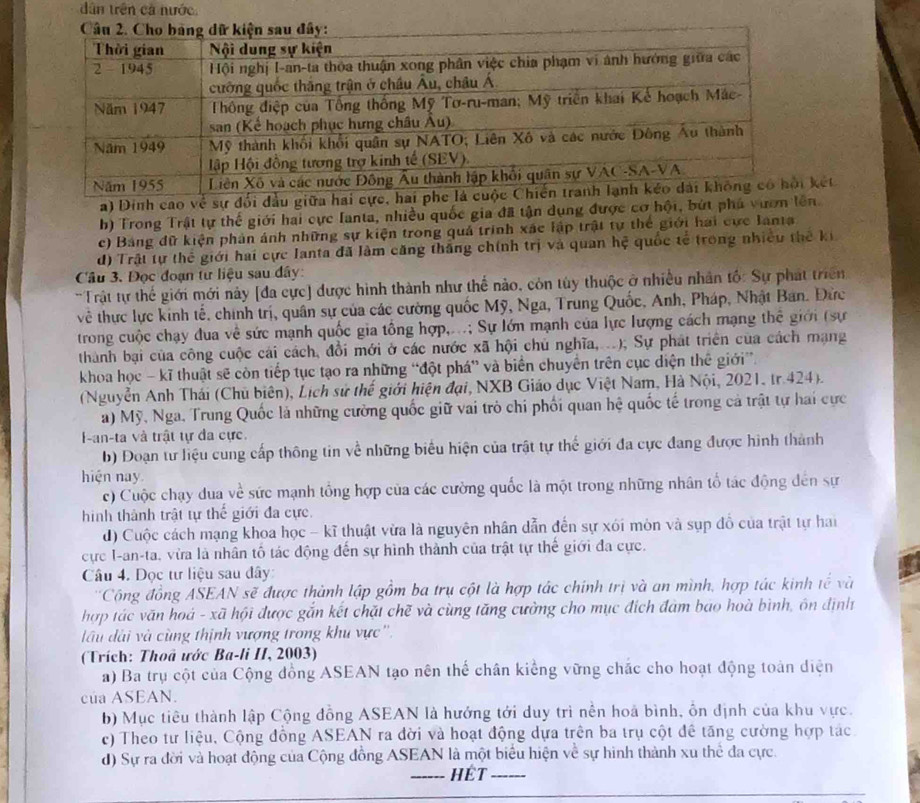 dân trên cả nước
a) Dinh cao về sự đổi đầu giữa hai cực, hai phe là cukết
b) Trong Trật tự thế giới hai cực Ianta, nhiều quốc gia đã tận dụng được cơ hội, bứt phá vươn lên
c) Bảng đữ kiện phản ảnh những sự kiện trong quả trình xác lập trật tự thế giới hai cực lanta
d) Trật tự thể giới hai cực Ianta đã làm căng thắng chính trị và quan hệ quốc tế trong nhiều thế ki
Câu 3. Đọc đoạn tư liệu sau dây:
Trật tự thể giới mới này [đa cực) được hình thành như thể nào, còn tùy thuộc ở nhiều nhân tố: Sự phát triên
về thực lực kinh tế, chính trị, quân sự của các cường quốc Mỹ, Nga, Trung Quốc, Anh, Pháp, Nhật Ban. Đức
trong cuộc chạy đua về sức mạnh quốc gia tổng hợp,...; Sự lớn mạnh của lực lượng cách mạng thế giới (sự
thành bại của công cuộc cái cách, đổi mới ở các nước xã hội chủ nghĩa,...); Sự phát triển của cách mạng
khoa học - kĩ thuật sẽ còn tiếp tục tạo ra những “đột phá” và biển chuyển trên cục diện thể giới”.
(Nguyễn Anh Thái (Chủ biên), Lịch sử thế giới hiện đại, NXB Giáo dục Việt Nam, Hà Nội, 2021, tr.424).
a) Mỹ, Nga, Trung Quốc là những cường quốc giữ vai trò chi phối quan hệ quốc tế trong cả trật tự hai cực
I-an-ta và trật tự đa cực.
b) Đoạn tư liệu cung cấp thông tin về những biểu hiện của trật tự thế giới đa cực đang được hình thành
hiện nay
c) Cuộc chạy dua về sức mạnh tổng hợp của các cường quốc là một trong những nhân tổ tác động đến sự
hình thành trật tự thể giới đa cực.
d) Cuộc cách mạng khoa học - kĩ thuật vừa là nguyên nhân dẫn đến sự xói mòn và sụp đồ của trật tự hai
cực I-an-ta, vừa là nhân tố tác động đến sự hình thành của trật tự thế giới đa cực.
Câu 4. Đọc tư liệu sau đây
Cộng đồng ASEAN sẽ được thành lập gồm ba trụ cột là hợp tác chính trị và an mình, hợp tác kinh tế và
hợp tác văn hoá - xã hội được gắn kết chặt chẽ và cùng tăng cường cho mục đích đảm bao hoà bình, ôn định
âu dài và cùng thịnh vượng trong khu vực ''.
(Trích: Thoâ ước Ba-li II, 2003)
a) Ba trụ cột của Cộng đồng ASEAN tạo nên thể chân kiếng vững chắc cho hoạt động toàn diện
của ASEAN.
b) Mục tiêu thành lập Cộng đồng ASEAN là hướng tới duy trì nền hoa bình, ồn định của khu vực.
c) Theo tư liệu, Cộng đồng ASEAN ra đời và hoạt động dựa trên ba trụ cột đề tăng cường hợp tác
d) Sự ra đời và hoạt động của Cộng đồng ASEAN là một biểu hiện về sự hình thành xu thể đa cực.
_HÉT_