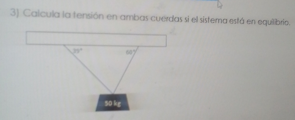 Calcula la tensión en ambas cuerdas si el sistema está en equilibrio.