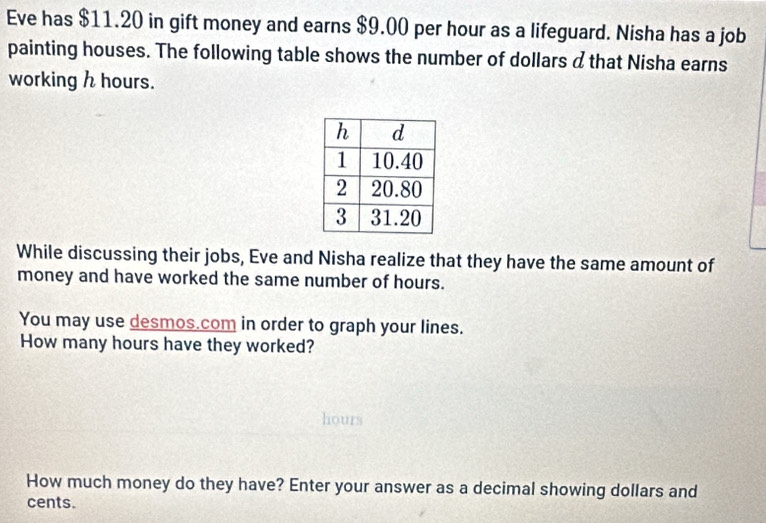 Eve has $11.20 in gift money and earns $9.00 per hour as a lifeguard. Nisha has a job 
painting houses. The following table shows the number of dollars α that Nisha earns 
working h hours. 
While discussing their jobs, Eve and Nisha realize that they have the same amount of 
money and have worked the same number of hours. 
You may use desmos.com in order to graph your lines. 
How many hours have they worked?
hours
How much money do they have? Enter your answer as a decimal showing dollars and 
cents.