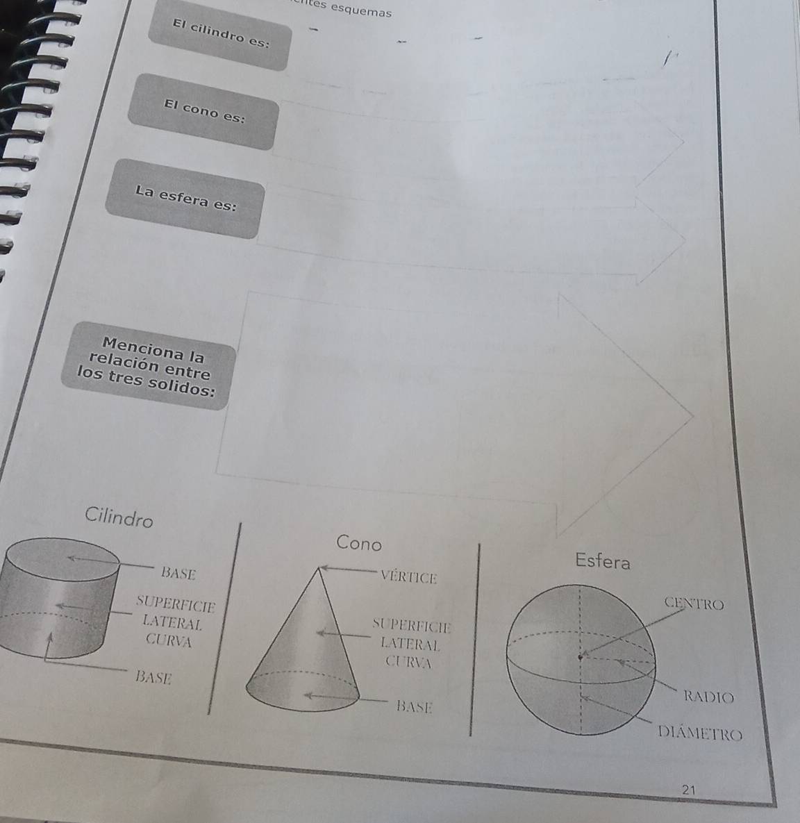 Ites esquemas 
- 
El cilindro es: 
El cono es: 
La esfera es: 
Menciona la 
relación entre 
los tres solidos: 
21