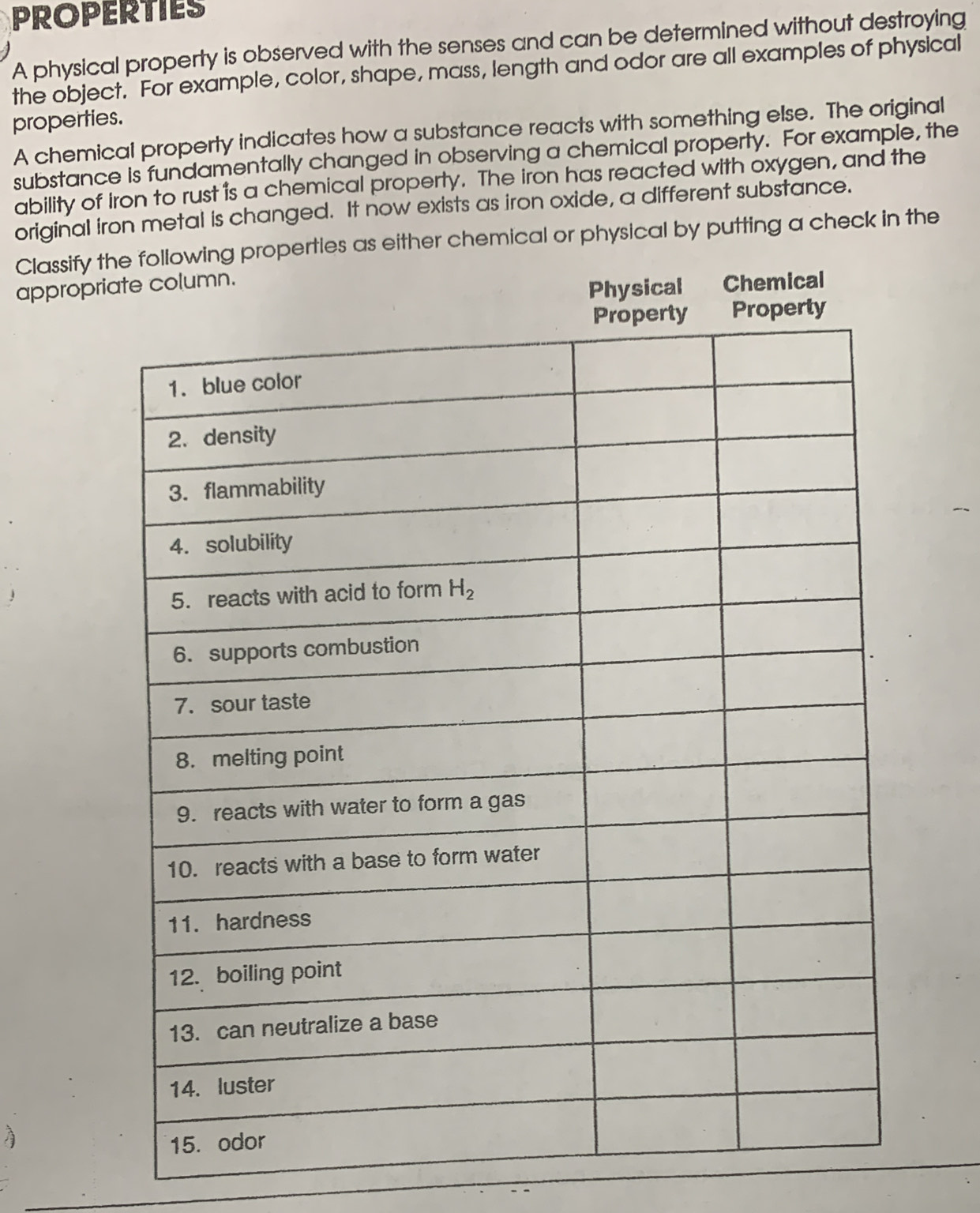 PROPERTIES
A physical property is observed with the senses and can be determined without destroying
the object. For example, color, shape, mass, length and odor are all examples of physical
properties.
A chemical property indicates how a substance reacts with something else. The original
substance is fundamentally changed in observing a chemical property. For example, the
ability of iron to rust is a chemical property. The iron has reacted with oxygen, and the
original iron metal is changed. It now exists as iron oxide, a different substance.
Classify the following properties as either chemical or physical by putting a check in the
appropriate column.
Physical Chemical