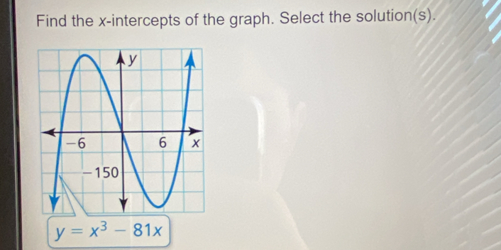 Find the x-intercepts of the graph. Select the solution(s).
y=x^3-81x