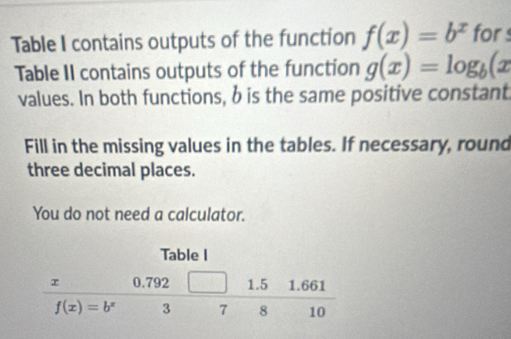 Table I contains outputs of the function f(x)=b^x for s
Table II contains outputs of the function g(x)=log _b(x
values. In both functions, b is the same positive constant
Fill in the missing values in the tables. If necessary, round
three decimal places.
You do not need a calculator.