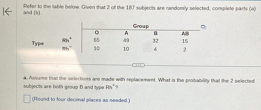 Refer to the table below. Given that 2 of the 187 subjects are randomly selected, complete parts (a)
and (b).
Type 
a. Assume that the selections are made with replacement. What is the probability that the 2 selected
subjects are both group B and type Rh^+ ?
(Round to four decimal places as needed.)