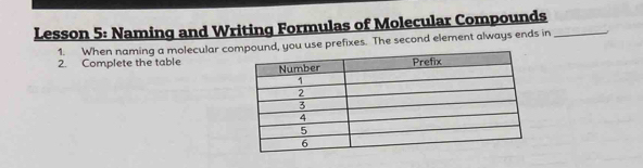 Lesson 5: Naming and Writing Formulas of Molecular Compounds_ 
1. When naming a molecular co, you use prefixes. The second element always ends in 
2. Complete the table