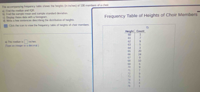 The accompanying frequency table shows the heights (in inches) of 130 members of a choir. 
a) Find the median and IQR. 
b) Find the sample mean and sample standard deviation. 
c) Display these data with a histogram. Frequency Table of Heights of Choir Members 
d) Write a few sentences describing the distribution of heights. 
Click the icon to view the frequency table of heights of choir members. 
a) The median is □ ndy 85
(Type an integer or a decimal.)