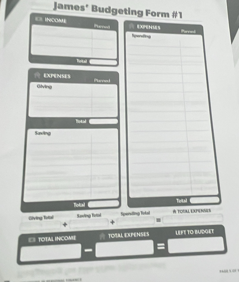 James’ Budgeting Form #1 
= INCOME Planned EXPENSES Planned 
Spending 
Total 
EXPENSES Planned 
Giving 
Total 
Saving 
Total 
Total 
Giving Tstal Saving Tatal Spending Tutal A TOTAl Expenses 
+ 
= 
TOTAL INCOME TOTAL EXPENSES LEFT TO BUDGET 
= 
PM S 1