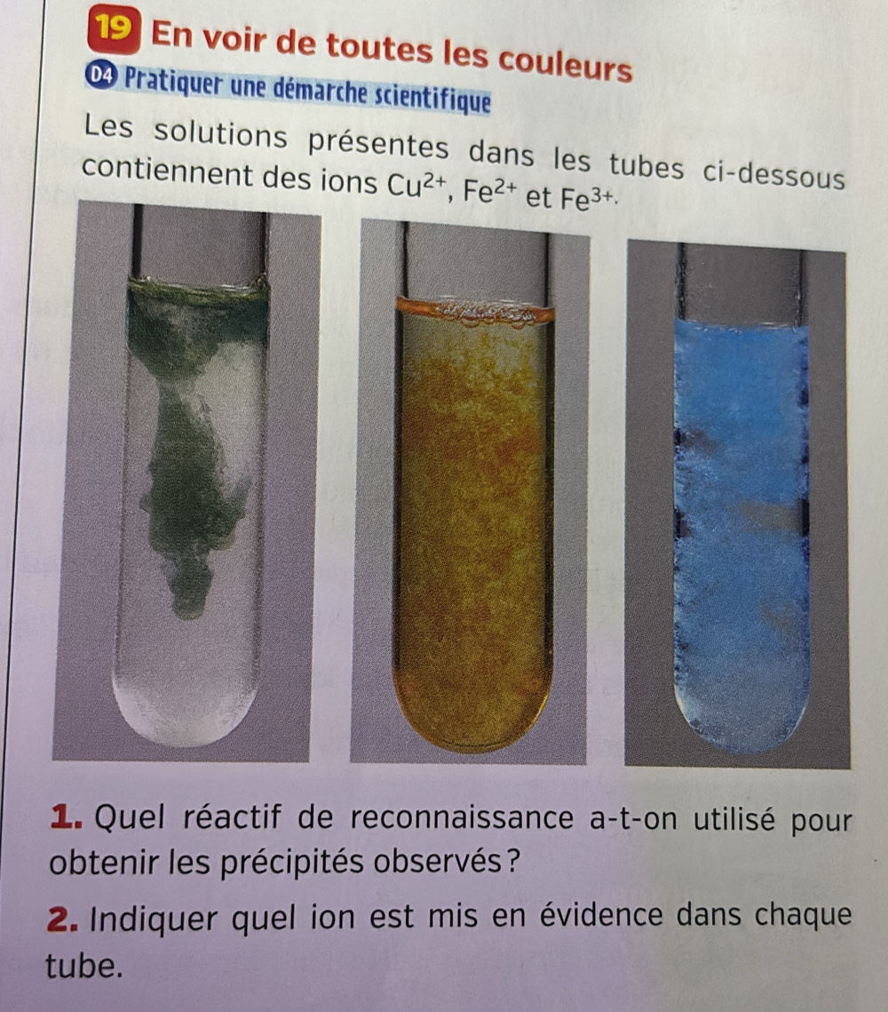 En voir de toutes les couleurs 
09 Pratiquer une démarche scientifique 
Les solutions présentes dans les tubes ci-dessous 
contiennent des ions Cu^(2+), Fe^(2+) et Fe^(3+). 
1. Quel réactif de reconnaissance a-t-on utilisé pour 
obtenir les précipités observés ? 
2. Indiquer quel ion est mis en évidence dans chaque 
tube.