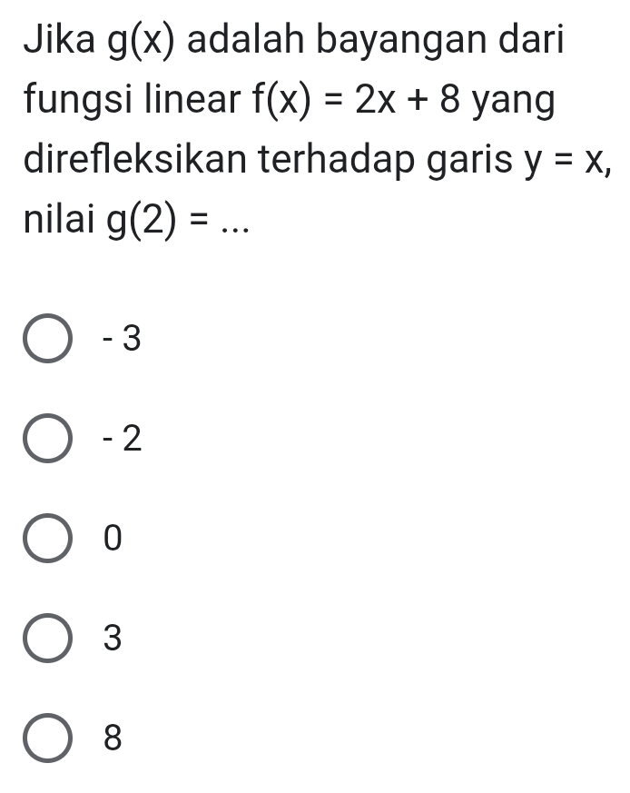 Jika g(x) adalah bayangan dari
fungsi linear f(x)=2x+8 yang
direfleksikan terhadap garis y=x, 
nilai g(2)=
- 3
- 2
0
3
8