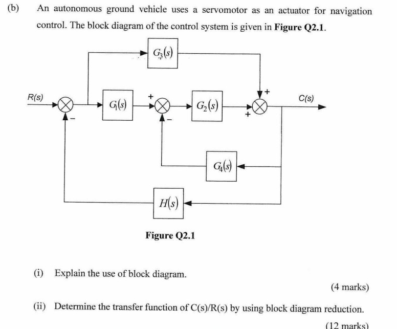 An autonomous ground vehicle uses a servomotor as an actuator for navigation
control. The block diagram of the control system is given in Figure Q2.1.
(i) Explain the use of block diagram.
(4 marks)
(ii) Determine the transfer function of C(s)/R(s) by using block diagram reduction.
(12 marks)