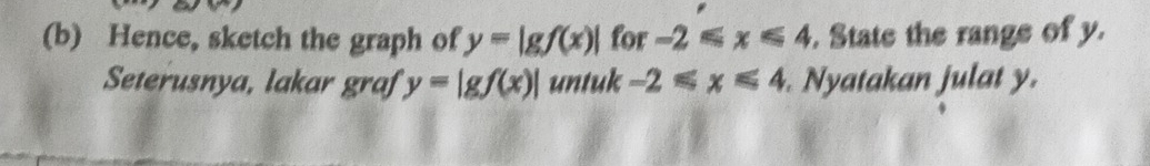 Hence, sketch the graph of y=|gf(x)| for -2≤slant x≤slant 4. State the range of y. 
Seterusnya, lakar graf y=|gf(x)| untuk -2≤slant x≤slant 4 Nyatakan julat y.