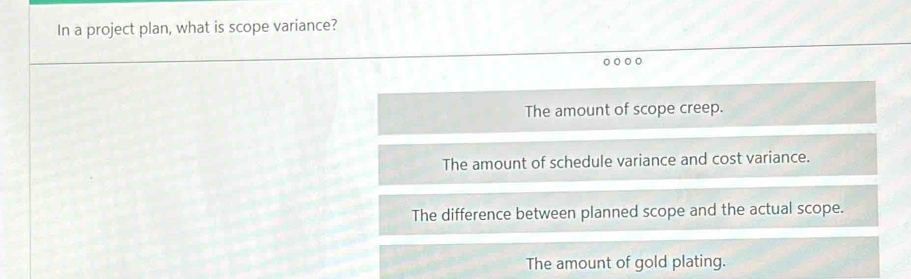 In a project plan, what is scope variance?
The amount of scope creep.
The amount of schedule variance and cost variance.
The difference between planned scope and the actual scope.
The amount of gold plating.