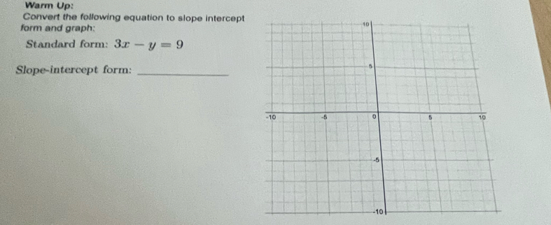 Warm Up: 
Convert the following equation to slope intercept 
form and graph: 
Standard form: 3x-y=9
Slope-intercept form:_