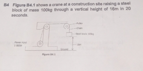 B4 Figure B4.1 shows a crane at a construction site raising a steel 
block of mass 100kg through a vertical height of 16m in 20
seconds.
100kg