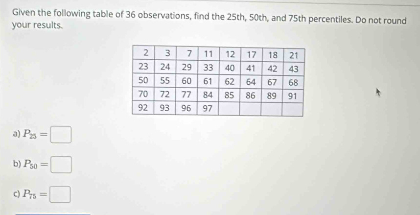 Given the following table of 36 observations, find the 25th, 50th, and 75th percentiles. Do not round
your results.
a) P_25=□
b) P_50=□
c) P_75=□