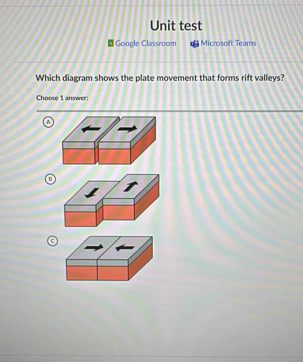 Unit test
Google Classroom Microsoft Teams
Which diagram shows the plate movement that forms rift valleys?
Choose 1 answer:
a
B