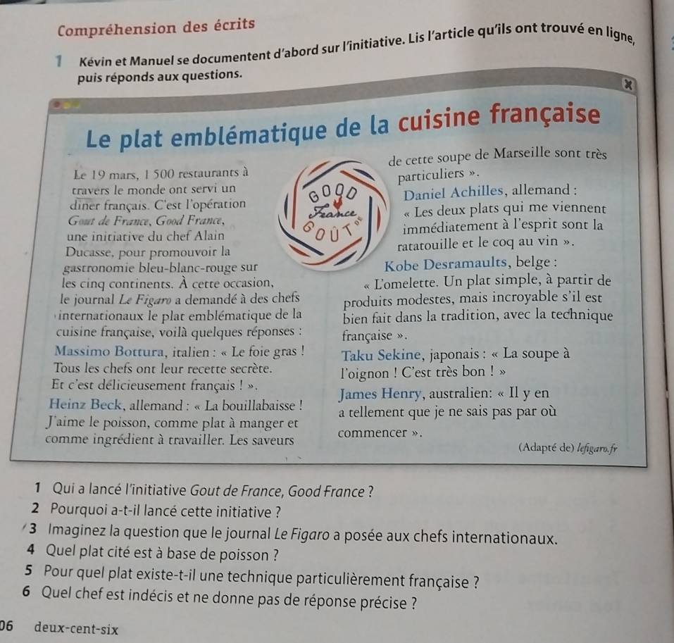 Compréhension des écrits
Kévin et Manuel se documentent d’abord sur l'îinitiative. Lis l'article qu'ils ont trouvé en ligne,
puis réponds aux questions.
x
Le plat emblématique de la cuisine française
Le 19 mars, 1 500 restaurants àde cette soupe de Marseille sont très
particuliers ».
travers le monde ont servi un
diner français. C'est l'opération Daniel Achilles, allemand :
Gout de France, Good France,« Les deux plats qui me viennent
une initiative du chef Alain immédiatement à l'esprit sont la
Ducasse, pour promouvoir laratatouille et le coq au vin ».
gastronomie bleu-blanc-rouge surobe Desramaults, belge :
les cinq continents. À cette occasion, « L'omelette. Un plat simple, à partir de
le journal Le Figaro a demandé à des chefs produits modestes, mais incroyable s’il est
internationaux le plat emblématique de la bien fait dans la tradition, avec la technique
cuisine française, voilà quelques réponses : française » .
Massimo Bottura, italien : « Le foie gras ! *  Taku Sekine, japonais : « La soupe à
Tous les chefs ont leur recette secrète.  l'oignon ! C'est très bon ! »
Et c'est délicieusement français ! ».
James Henry, australien: « Il y en
Heinz Beck, allemand : « La bouillabaisse ! a tellement que je ne sais pas par où
Jaime le poisson, comme plat à manger et
comme ingrédient à travailler. Les saveurs commencer ».
(Adapté de) lefigaro.fr
1 Qui a lancé l'initiative Gout de France, Good France ?
2 Pourquoi a-t-il lancé cette initiative ?
3 Imaginez la question que le journal Le Figaro a posée aux chefs internationaux.
4 Quel plat cité est à base de poisson ?
5 Pour quel plat existe-t-il une technique particulièrement française ?
6 Quel chef est indécis et ne donne pas de réponse précise ?
06 deux-cent-six