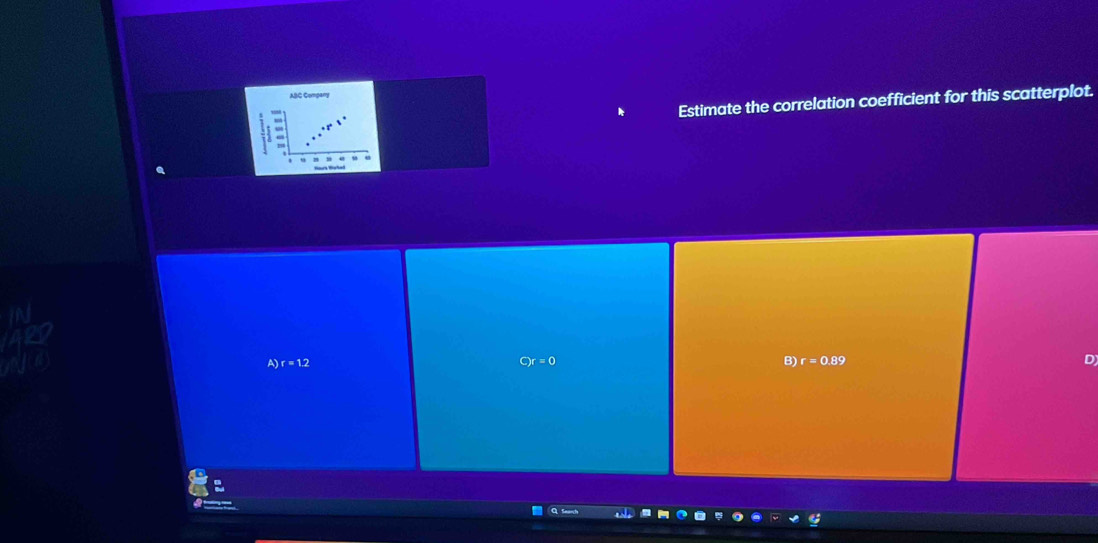 ABC Compary
Estimate the correlation coefficient for this scatterplot.
A) r=1.2 C)r=0 B) r=0.89