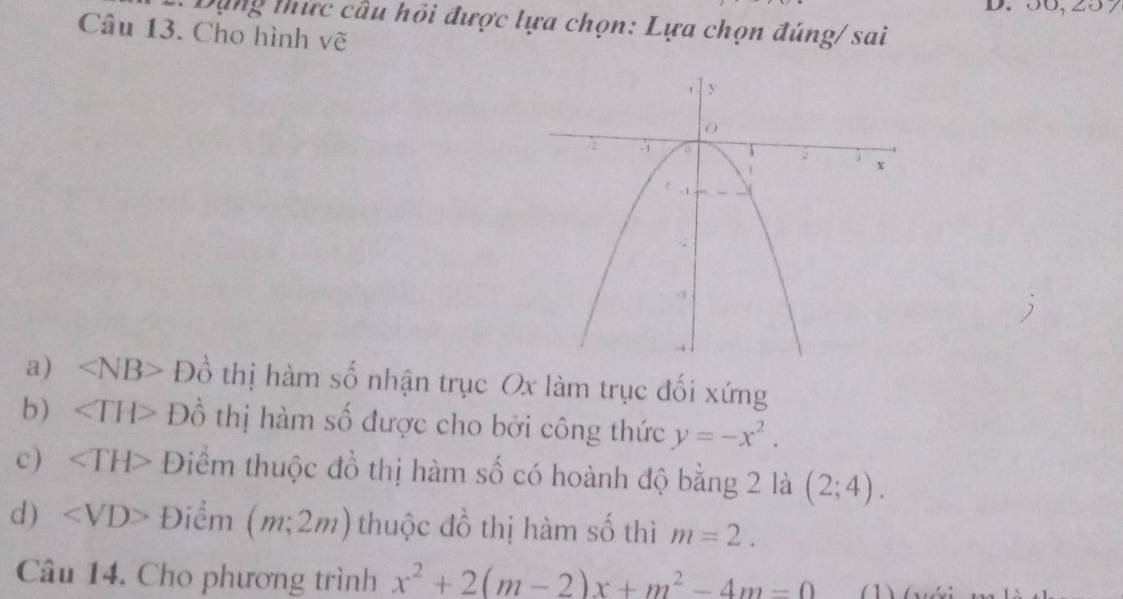 ụ ng thức cầu hồi được lựa chọn: Lựa chọn đúng/ sai
Câu 13. Cho hình vẽ
a) ∠ NB> Đồ thị hàm số nhận trục Ox làm trục đối xứng
b) . Đồ thị hàm số được cho bởi công thức y=-x^2.
c) ∠ TH> Điểm thuộc đồ thị hàm số có hoành độ bằng 2 là (2;4).
d) Điểm (m;2m) thuộc đồ thị hàm số thì m=2. 
Câu 14. Cho phương trình x^2+2(m-2)x+m^2-4m=0 (1) 6