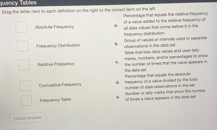 Solved: quency Tables Drag the letter next to each definition on the ...