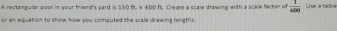 A rectangular pool in your friend's yard is 15 ft* 4 00 ft. Create a scale drawing with a scale factor of  1/600  Use a table 
or an equation to show how you computed the scale drawing lengths.