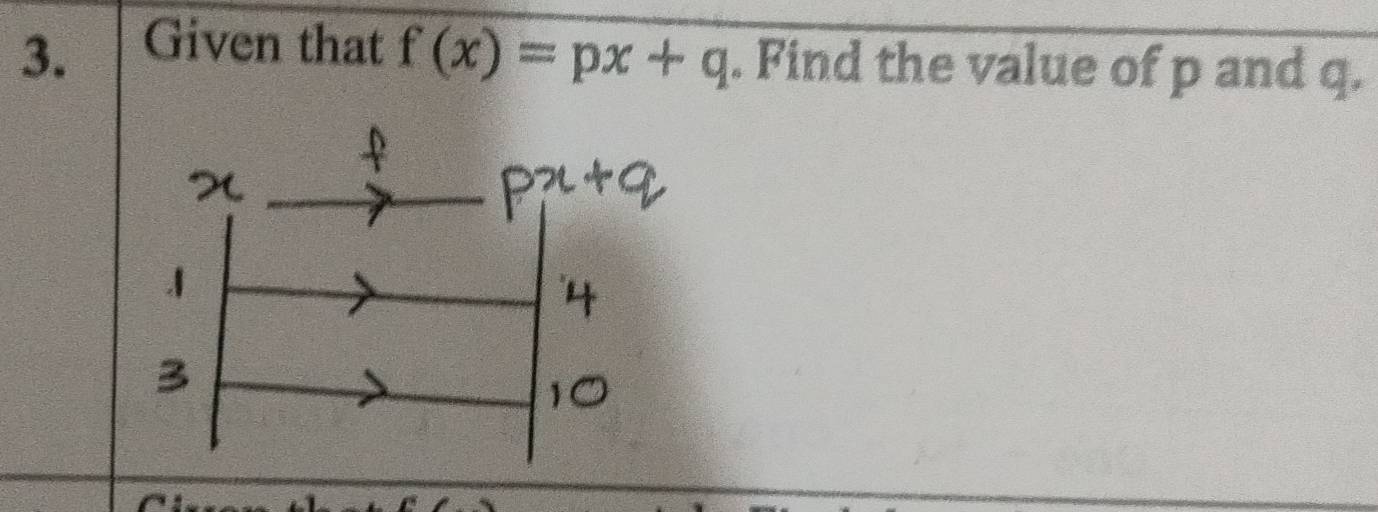 Given that f(x)=px+q. Find the value of p and q.