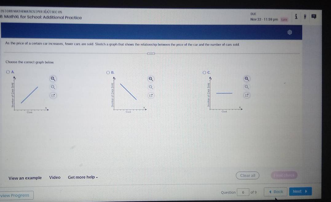 GRB MATHEMATICS | PER 3(A)| SEC 05
DUE
3: MathXL for School: Additional Practice Nov 22 - 11:59 pm Late
As the price of a certain car increases, fewer cars are sold. Sketch a graph that shows the relationship between the price of the car and the number of cars sold.
Choose the correct graph below.
A.
B.
C.

View an example Video Get more help - Clear all Final chess
view Progress Question 6 of 9 4 Back Next 》