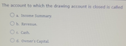 The account to which the drawing account is closed is called
a. Income Summary.
b. Revenue.
c. Cash.
d. Owner's Capital.