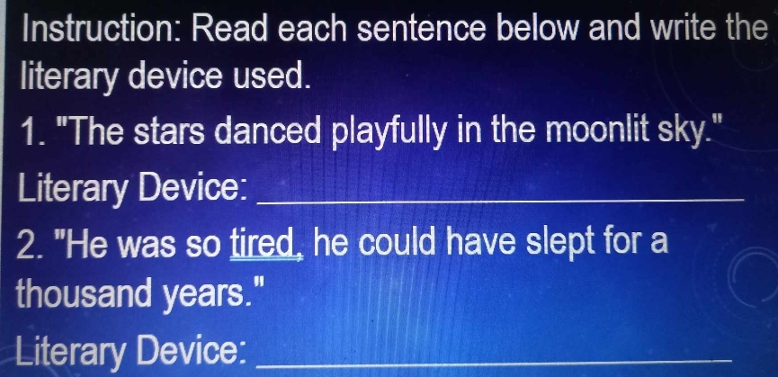 Instruction: Read each sentence below and write the 
literary device used. 
1. "The stars danced playfully in the moonlit sky." 
Literary Device:_ 
2. "He was so tired, he could have slept for a 
thousand years." 
Literary Device:_