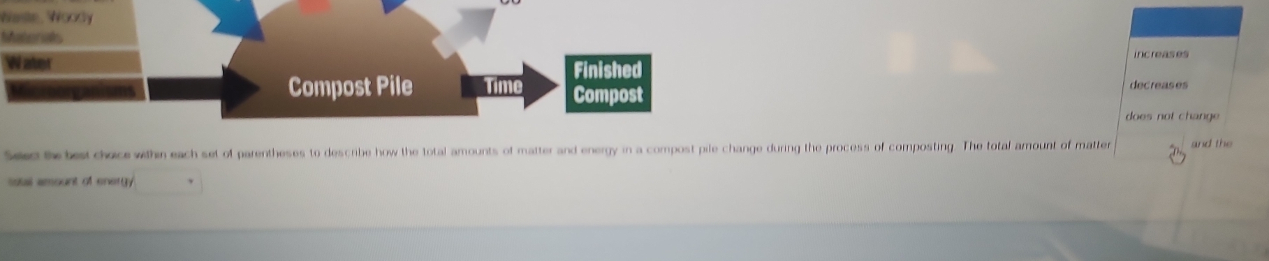 Waste, Woody 
Matorials 
increases 
Wabet 
decreases 
does not change 
Seed te be chece withn each set of parentheses to describe how the total amounts of matter and energy in a compost pile change during the process of composting. The total amount of matter and the 
sotal amount of energy