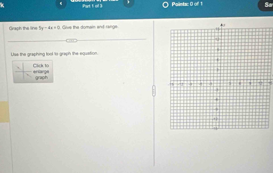 Sa 
Graph the line 5y-4x=0 Give the domain and range. 
Use the graphing tool to graph the equation. 
Click to 
enlarge 
graph
15