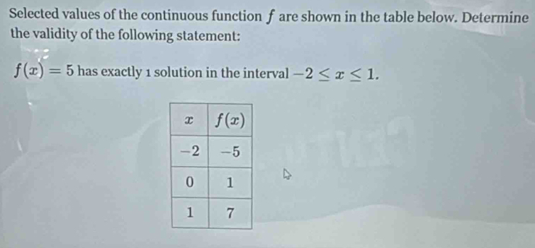 Selected values of the continuous function f are shown in the table below. Determine
the validity of the following statement:
f(x)=5 has exactly 1 solution in the interval -2≤ x≤ 1.