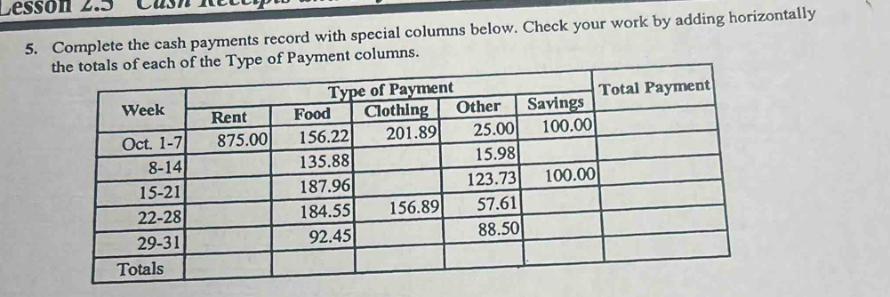 Lessón 2.5 Cas 
5. Complete the cash payments record with special columns below. Check your work by adding horizontally 
of the Type of Payment columns.