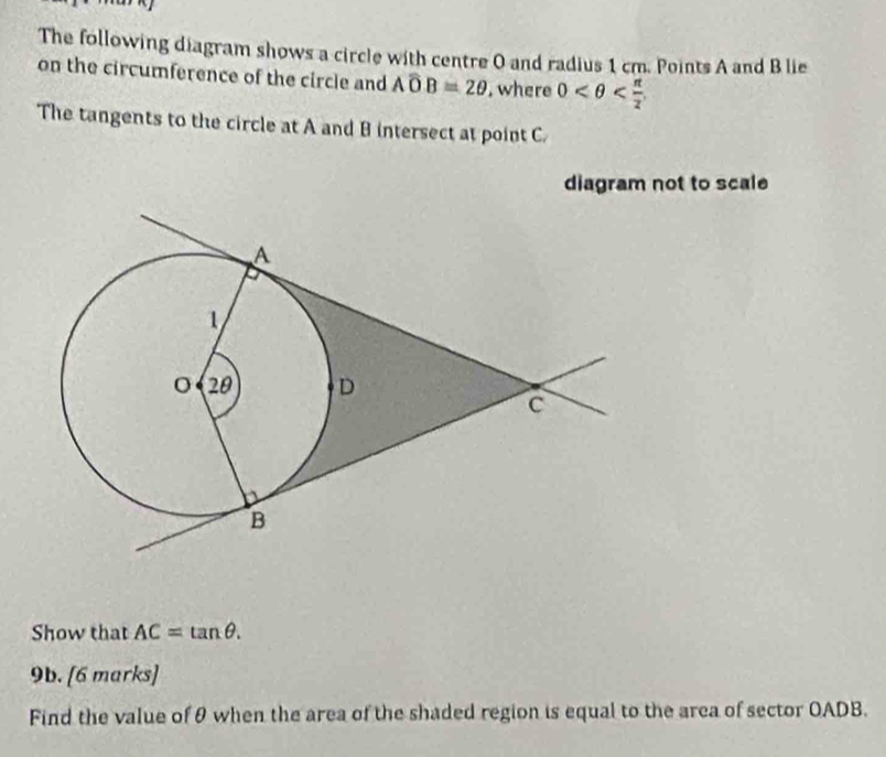 The following diagram shows a circle with centre 0 and radius 1 cm. Points A and B lie 
on the circumference of the circle and Aoverline OB=2θ , where 0
The tangents to the circle at A and B intersect at point C. 
diagram not to scale 
Show that AC=tan θ.
9b. 0 mc rks] 
Find the value of θ when the area of the shaded region is equal to the area of sector OADB.