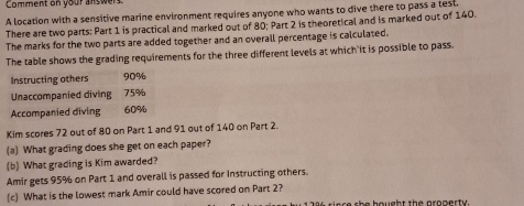 Comment on your answers. 
A location with a sensitive marine environment requires anyone who wants to dive there to pass a test. 
There are two parts: Part 1 is practical and marked out of 80; Part 2 is theoretical and is marked out of 140. 
The marks for the two parts are added together and an overall percentage is calculated. 
The table shows the grading requirements for the three different levels at which it is possible to pass. 
Instructing others 90%
Unaccompanied diving 75%
Accompanied diving 60%
Kim scores 72 out of 80 on Part 1 and 91 out of 140 on Part 2. 
(a) What grading does she get on each paper? 
(b) What grading is Kim awarded? 
Amir gets 95% on Part 1 and overall is passed for Instructing others. 
(c) What is the lowest mark Amir could have scored on Part 2? 
re s h e hought the property .