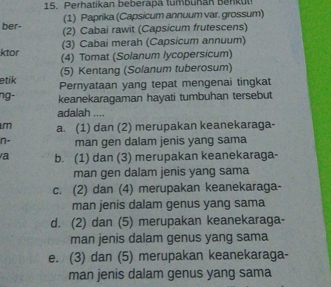 Perhatikan beberapa tumbuñan Benkul!
(1) Paprika (Capsicum annuum var. grossum)
ber- (2) Cabai rawit (Capsicum frutescens)
(3) Cabai merah (Capsicum annuum)
ktor (4) Tomat (Solanum lycopersicum)
(5) Kentang (Solanum tuberosum)
etik Pernyataan yang tepat mengenai tingkat
ng- keanekaragaman hayati tumbuhan tersebut
adalah ....
m a. (1) dan (2) merupakan keanekaraga-
n- man gen dalam jenis yang sama
a b. (1) dan (3) merupakan keanekaraga-
man gen dalam jenis yang sama
c. (2) dan (4) merupakan keanekaraga-
man jenis dalam genus yang sama
d. (2) dan (5) merupakan keanekaraga-
man jenis dalam genus yang sama
e. (3) dan (5) merupakan keanekaraga-
man jenis dalam genus yang sama