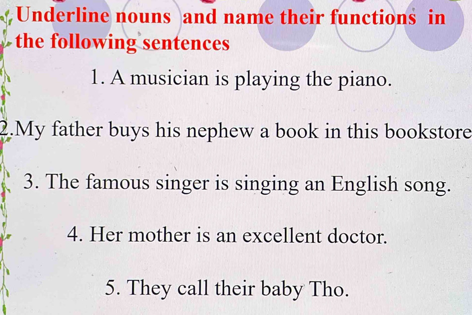 Underline nouns and name their functions in 
the following sentences 
1. A musician is playing the piano. 
2.My father buys his nephew a book in this bookstore 
3. The famous singer is singing an English song. 
4. Her mother is an excellent doctor. 
5. They call their baby Tho.