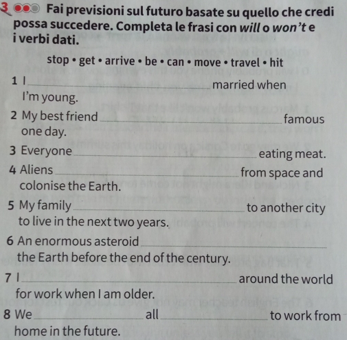 ३ ●● Fai previsioni sul futuro basate su quello che credi 
possa succedere. Completa le frasi con will o won’t e 
i verbi dati. 
stop • get • arrive • be • can • move • travel • hit 
1 l_ married when 
I’m young. 
2 My best friend_ famous 
one day. 
3 Everyone_ eating meat. 
4 Aliens _from space and 
colonise the Earth. 
5 My family_ to another city 
to live in the next two years. 
6 An enormous asteroid_ 
the Earth before the end of the century. 
7 1_ around the world 
for work when I am older. 
8 We_ all_ to work from 
home in the future.
