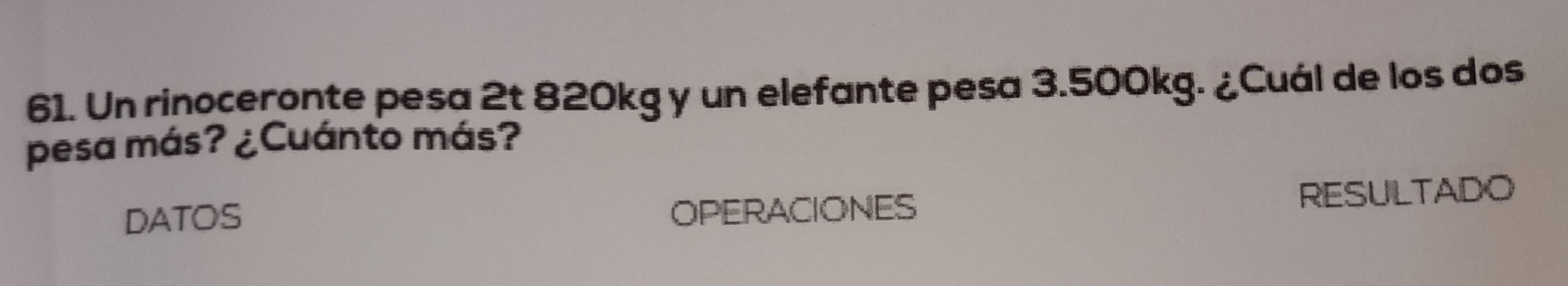 Un rinoceronte pesa 2t 820kg y un elefante pesa 3.500kg. ¿Cuál de los dos 
pesa más? ¿Cuánto más? 
DATOS OPERACIONES RESULTADO