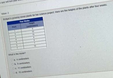 Bplants for her science project. Here are the heights of the plants after four weeks.
Value: 2
What is the mode?
a. 4 centimeters
b. 9 conlimeters
c. 11 centimeters
d. 10 centimeters