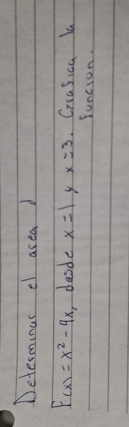 Determinas el area d
F(x)=x^2-4x desde x=1 y x=3 Crsafica la 
funcion.