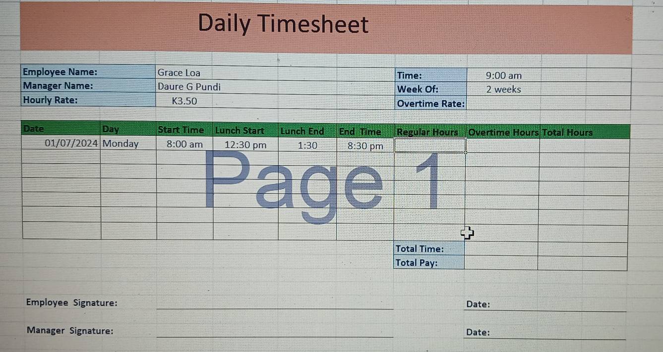 Daily Timesheet
Employee Signature: _Date:
Manager Signature: _Date: