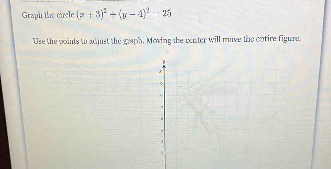 Graph the circle (x+3)^2+(y-4)^2=25
Use the points to adjust the graph. Moving the center will move the entire figure. 
2