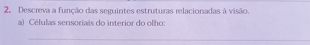 Descreva a função das seguintes estruturas relacionadas à visão. 
a) Células sensoriais do interior do olho: 
_